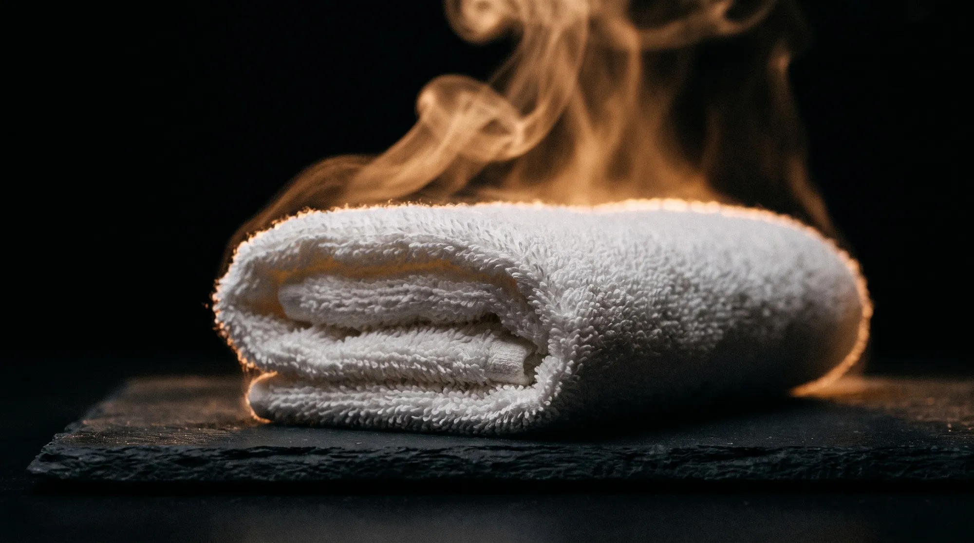 A hot towel steaming on dark slate